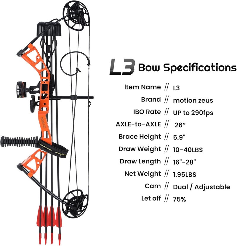 motion zeus Junior Compounnd Bow Set for Youth & Kids,Beginners and Women Bow Draw Length 16"-28",Draw Weight 10-40Lbs,290fps，Adjustable - Image 4